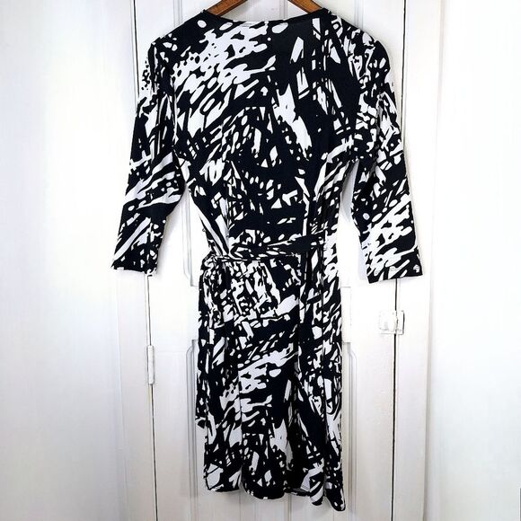 Emma & Michele Black White Art Deco Paint Splatter Rorshach Wrap Dress Sz S - Picture 7 of 14